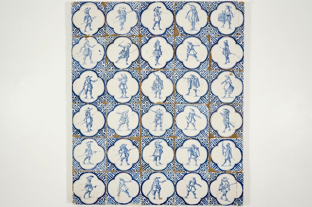 A field of 30 Dutch Delft blue and white soldier tiles, 17th C.